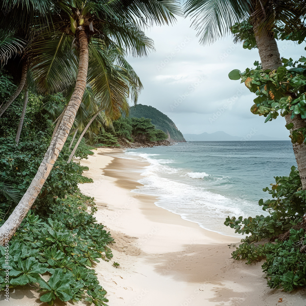 Poster serene beach scene featuring soft sand, gentle waves, and lush tropical vegetation. palm trees frame