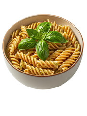 Delicious and colorful bowl of pasta twists topped with fresh basil leaves isolated on black background