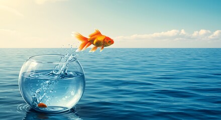 Golden beauty: a yellow goldfish leaps from its glass vase of water