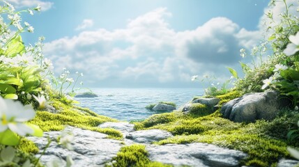 A serene coastal landscape with moss-covered rocks and white flowers