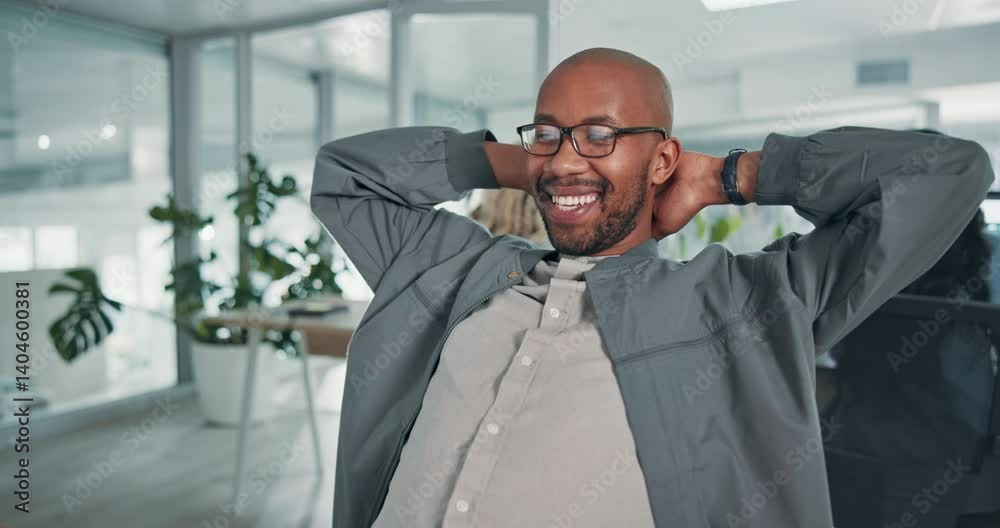 Poster black man, relax and smile on computer for stretching, done or finished with work tasks in office. c