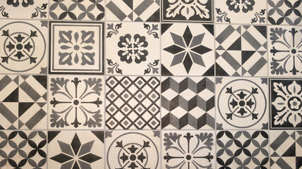 vintage seamless pattern with flowers background seamless texture of old stone wall ancient azulejo shapes gray black white patchwork tile surface header in web panorama