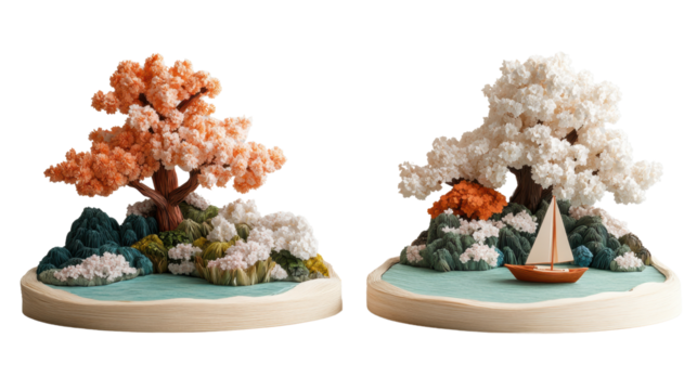 Incredible artistic model of two trees and a boat on a miniature landscape scene surrounded by colorful foliage
