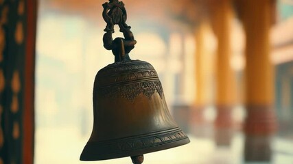 Bell hanging peacefully in a temple against a blurry background  