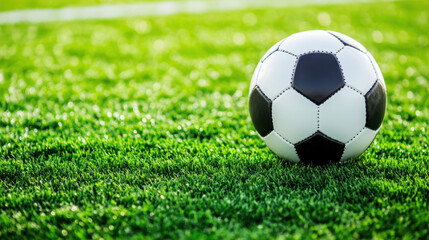 Fototapeta premium classic black and white soccer ball rests on vibrant green grass, symbolizing excitement and energy of game. This captures essence of outdoor sports and teamwork