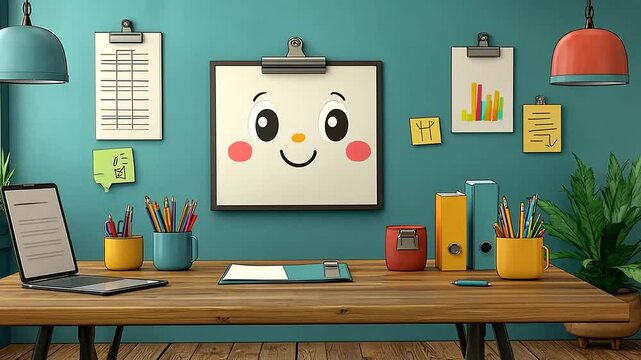 Happy office workspace, teal wall, charts, plants