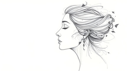 Fototapeta premium Intricate Hair Sketch with Flowing Lines and Leaves in a Minimalistic Artistic Style