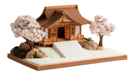Exquisite miniature japanese tea house surrounded by blooming cherry trees and scenic garden landscape