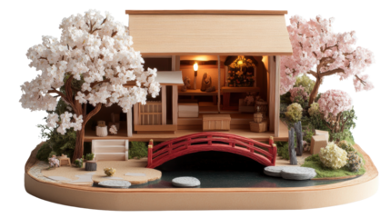 Serene miniature japanese house with cherry blossom trees and scenic bridge amidst tranquil nature