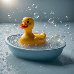 "A rubber duck floating in a bathtub full of bubbles, cute and clean, bright lighting, minimalistic background."