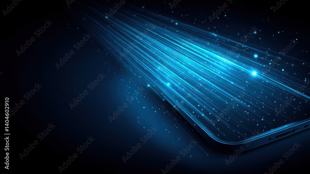 Poster smartphone emitting blue light representing an abstract wallet glowing with data streams of informat