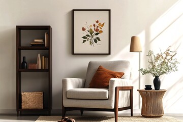 Cozy Living Room Scene with Botanical Art and Wooden Furniture