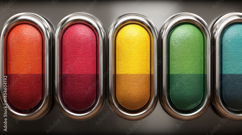Poster a series of colorful buttons aligned in a straight line mimicking elevator buttons for a creative ba