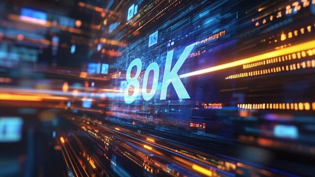 Futuristic 80K High-Resolution Display Technology with Digital Data Stream Visualization