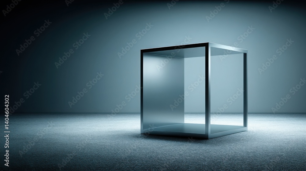 Poster a transparent glass cube suspended in a dimly lit room representing an abstract concept box floating