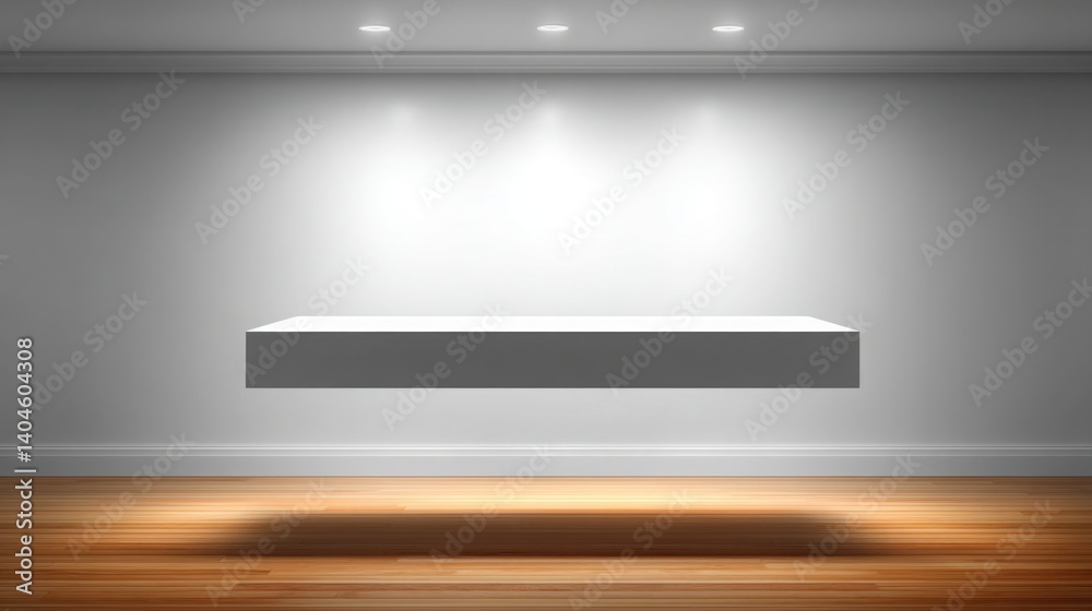 Poster a minimalist white shelf set in a room with soft lighting and an empty table featuring a floating co