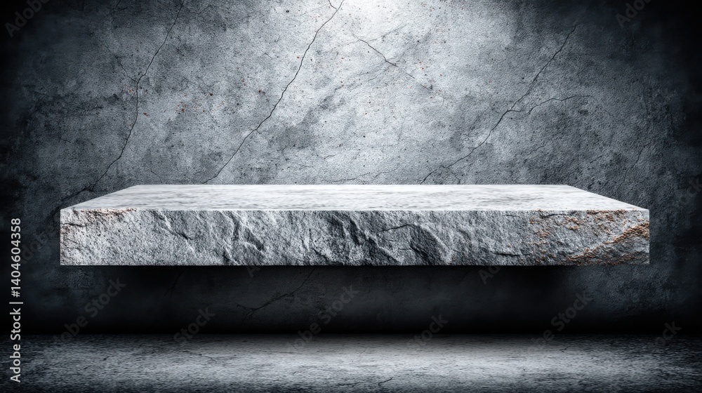 Poster empty stone table set against a dark background with a floating concept box for modern design and pr