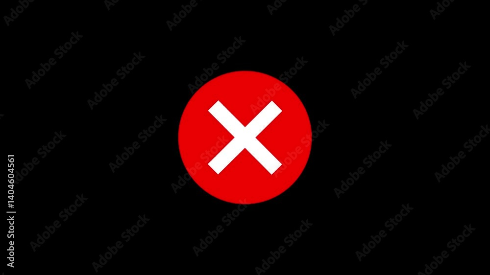 Poster cross mark symbol animation in red circle for denial or rejection.red circle with white x on black b