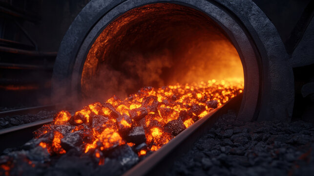 glowing interior of coke oven reveals red hot coal flowing through tunnel, surrounded by dark, rocky textures. intense heat and vibrant colors create dramatic and industrial atmosphere