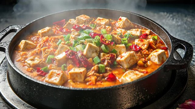Mapo Tofu, with chili peppers and Sichuan peppercorns in the pot