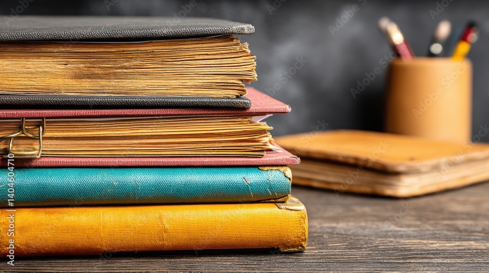 Poster neatly stacked books creating a floating island of knowledge and ideas representing learning and edu