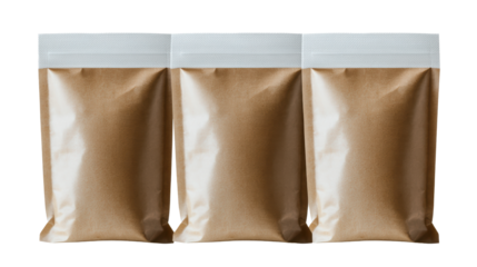 Three brown kraft paper bags isolated on black background for packaging and product presentation