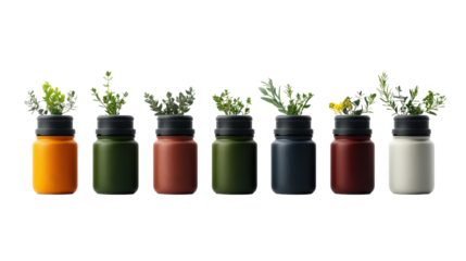 Colorful jars of fresh herbs and edible plants on a black background for culinary and gardening inspiration