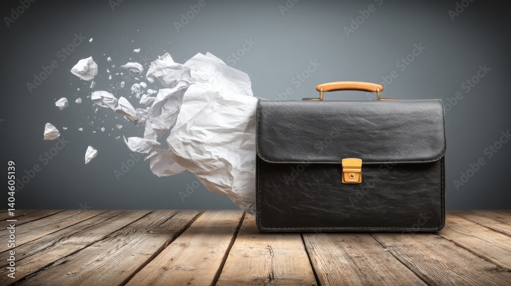 Poster briefcase with crumpled paper on top creating a visual metaphor of ideas and organization in a profe