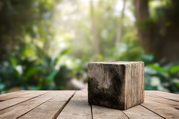 Naklejka premium Rustic Wooden Cube Display Product Mockup Nature Background Green Summer Forest Wooden Block Stage Summer Green Leaves Scene Retro