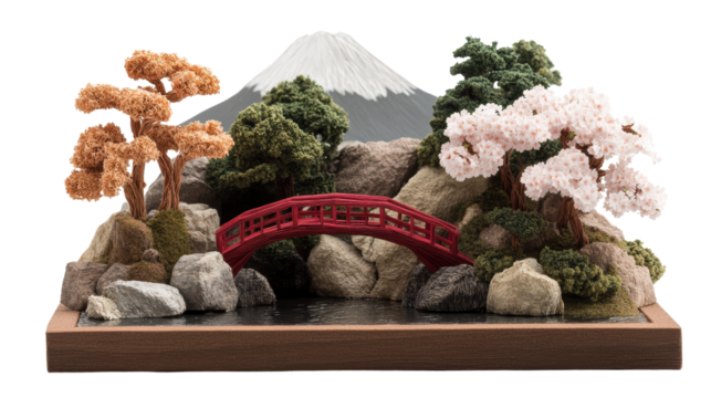 Serene japanese landscape with cherry blossoms, red bridge, mountain, and rocks in an artistic miniature display