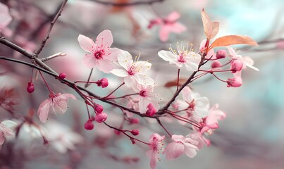 Beautiful Pink Cherry Blossoms Spring Flowers Branch Nature Soft Pastel Colors Delicate Floral Background Botanical Image Pretty  