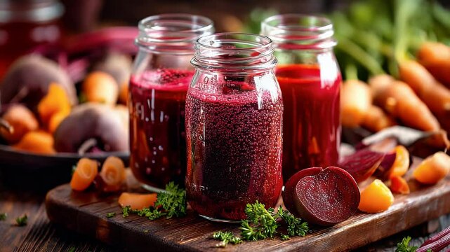Three jars of vibrant beet and carrot juice sit on a wooden board amidst whole beets and carrots