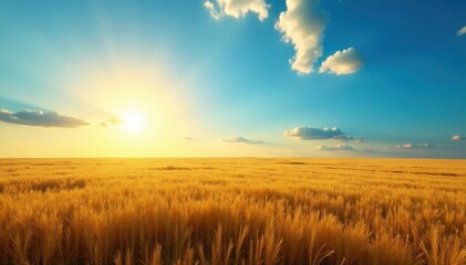 Empty field under brilliant blue sky Golden hour light, distant horizon , wide, horizon, landscape