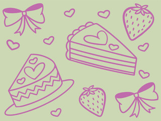 Strawberry Cake and Bow Seamless Pattern with Hearts on Green Background.
cake, strawberry, bow, seamless, pattern, dessert, heart, pink, sweet, cute.