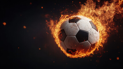 Naklejka premium soccer ball engulfed in flames creates dramatic visual against dark background, symbolizing intensity and passion for game. fiery effect adds excitement and energy to scene