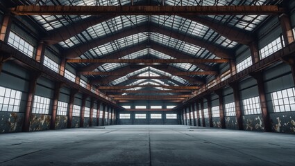 An empty industrial warehouse with large windows, concrete floor, and aged structural beams.