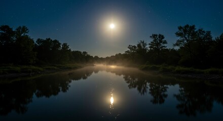 Obraz premium Misty river at night under full moon