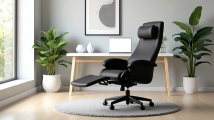 Black Executive Office Chair with Footrest in a Modern Office