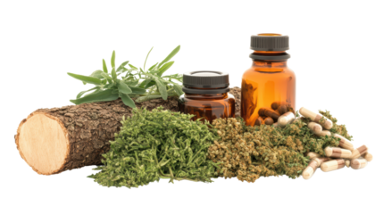 Herbal remedies and natural products displayed with essential oils, plants, and dietary supplements on black background