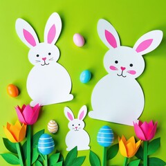 Easter Paper Cutout Bunnies and Eggs on Green Background