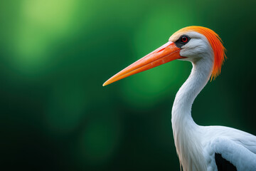 Obraz premium striking stork with vibrant orange beak and crest stands gracefully against soft green background, showcasing its elegant features and captivating presence