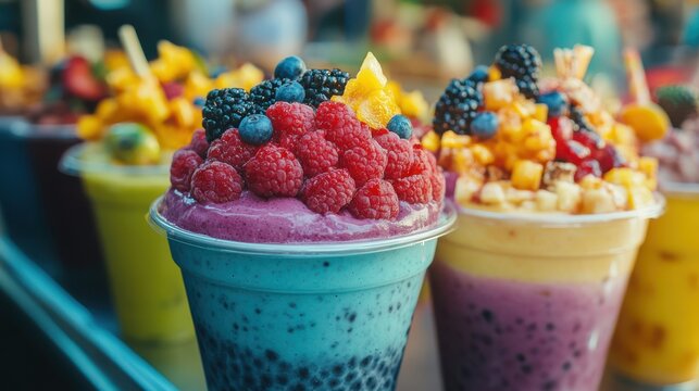 Delicious fruit smoothies topped with fresh raspberries blueberries and blackberries