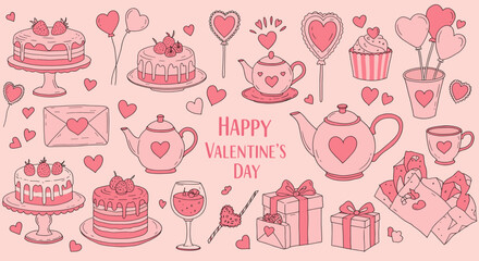 Valentine's Day Delights: A collection of charming Valentine's Day elements, including heart-shaped balloons, cakes, gifts, teacups, and envelopes, meticulously illustrated in soft pastel colors.