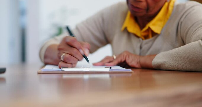 Hands, senior woman sign contract or agreement, application or will on table. Closeup, pen and person writing signature on paperwork, title deed or divorce document, form and life insurance on desk