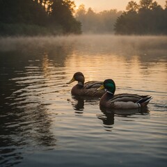 "Two ducks swimming together in a misty lake during sunrise, warm tones, serene atmosphere, cinematic lighting."