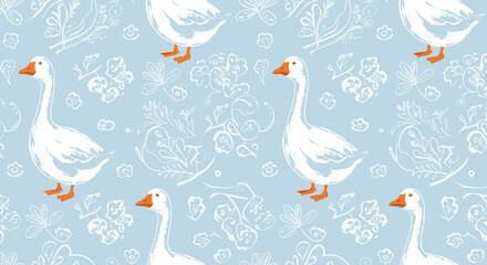 Elegant Goose Pattern: A charming pattern featuring stylized geese in a repeating design, evoking a sense of pastoral tranquility with delicate floral elements. 