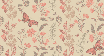 Floral Butterfly Dreamscape: A serene tapestry of delicate blossoms and graceful butterflies, creating a sense of tranquility and natural beauty in a seamless, pattern.