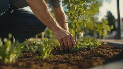 Fototapeta premium Landscaper planting native trees in newly built public park. Featuring environmental care and planning