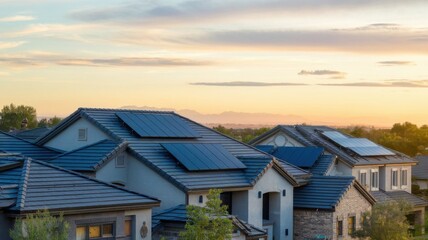 Fototapeta premium Sustainable homes integrating solar panel technology under a pastel sunset sky