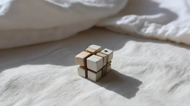 Geometric cube puzzle resting on rumpled white fabric, casting soft shadows, creating a simple, minimalist composition